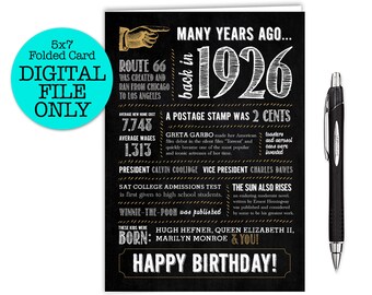 98th Birthday Card / Fun Facts 1926 Year in Review / Digital File Instant Download / 5x7