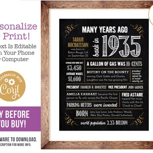 90th Birthday Sign Poster, Anniversary / Born in 1935 Fun Facts / Editable Digital File, Try Before You Buy!
