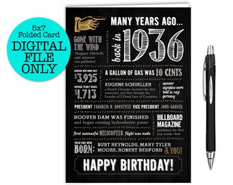 88th Birthday Card / Fun Facts 1936 Year in Review / Digital File Instant Download / 5x7