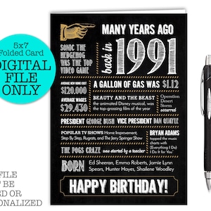 Carte d'anniversaire pour 34 ans, né en 1991, faits amusants, bilan de l'année, fichier numérique à télécharger