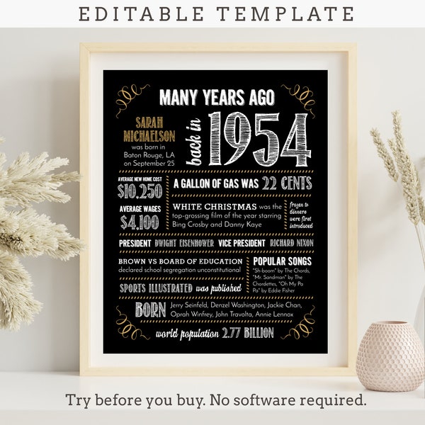 70th Birthday Sign Poster, Anniversary / Born in 1954 Fun Facts / Editable Digital File, Try Before You Buy!