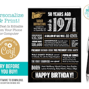 Tarjeta de cumpleaños número 54, aniversario / Nacido en 1971, datos curiosos / archivo digital editable, ¡pruébelo antes de comprar!