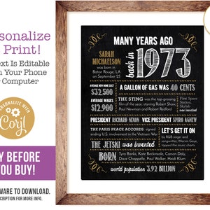 52nd Birthday Sign Poster, Anniversary / Born in 1973 Fun Facts / Editable Digital File, Try Before You Buy!