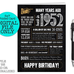 Carte d'anniversaire 73e / Faits amusants 1952 Year in Review / Fichier numérique Téléchargement instantané / 5 x 7