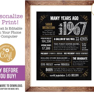 56th Birthday Anniversary Chalk Sign / 8x10 and 16x20 / 1967 / Digital File Only (not editable)
