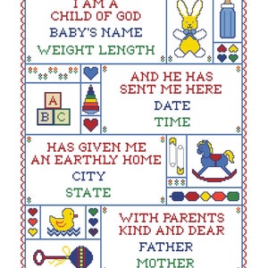 3 &quot;I Am A Child of God&quot; Counted Cross-Stitch Birth Record Patterns (Set A includes patterns 1, 2, and 3.) Digital download.