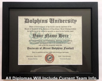 Miami Dolphins NFL #1 Fan Certificate Man Cave Diploma Perfect Gift