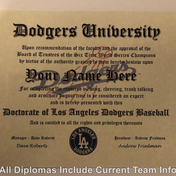 Los Angeles Dodgers #1 Fan Certificate Man Cave Diploma Perfect Gift