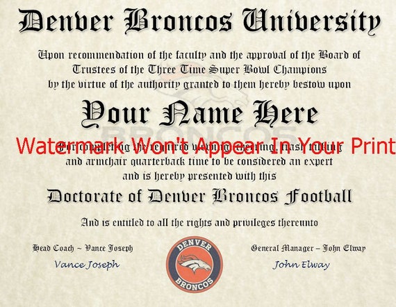 DENVER BRONCOS FAN CERTIFICATE DIPLOMA GIFT MAN CAVE Broncos Fan~ FAN