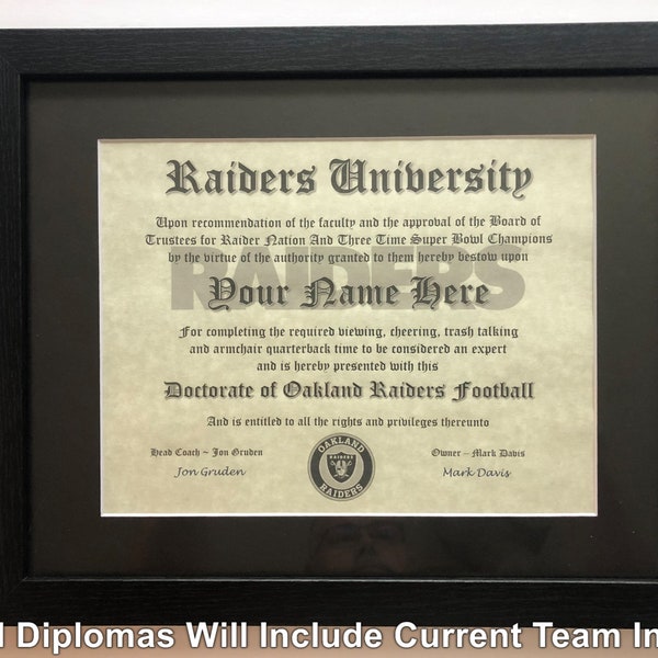 Oakland Las Vegas Football NFL #1 Fan Certificate Man Cave Diploma Perfect Gift