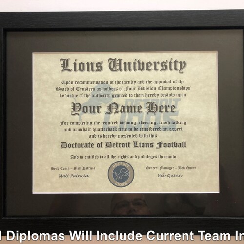 Detroit Lions NFL 1 Fan Certificate Man Cave Diploma Perfect - Etsy