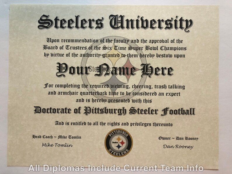 Pittsburgh Steelers NFL 1 Fan Certificate Man Cave Diploma Etsy
