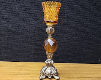 Vintage brass and amber glass candlestick holder retro decor