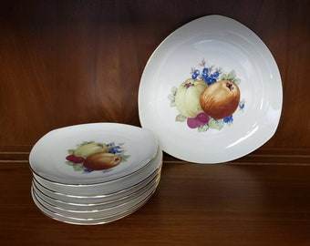 Bavaria China triangle plates dessert plate set of 7 fruit transfer design gold trim