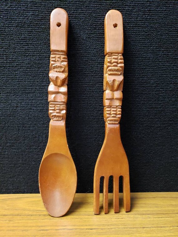 Wooden Tiki Fork and Spoon MCM Wall Hanging Set Etsy