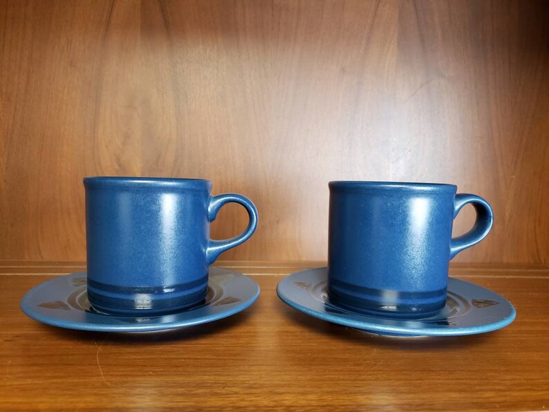 Pfaltzgraff morning light coffee cup and saucer set of 2 blue black geometric dishes image 1