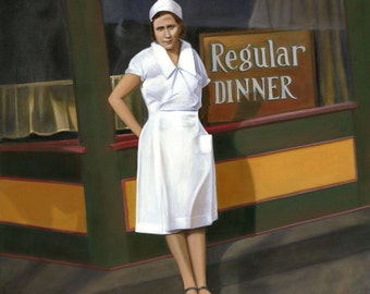 Framed print with a waitress in front if a restaurant titled Regular Dinner