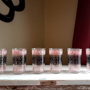Vintage Anchor Hocking set of 6 pink and black wrought iron tumblers