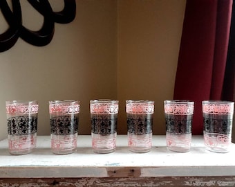 Vintage Anchor Hocking set of 6 pink and black wrought iron tumblers