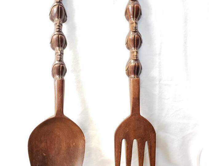 Big Wooden Tiki Fork and Spoon MCM Wall Hanging Set Etsy