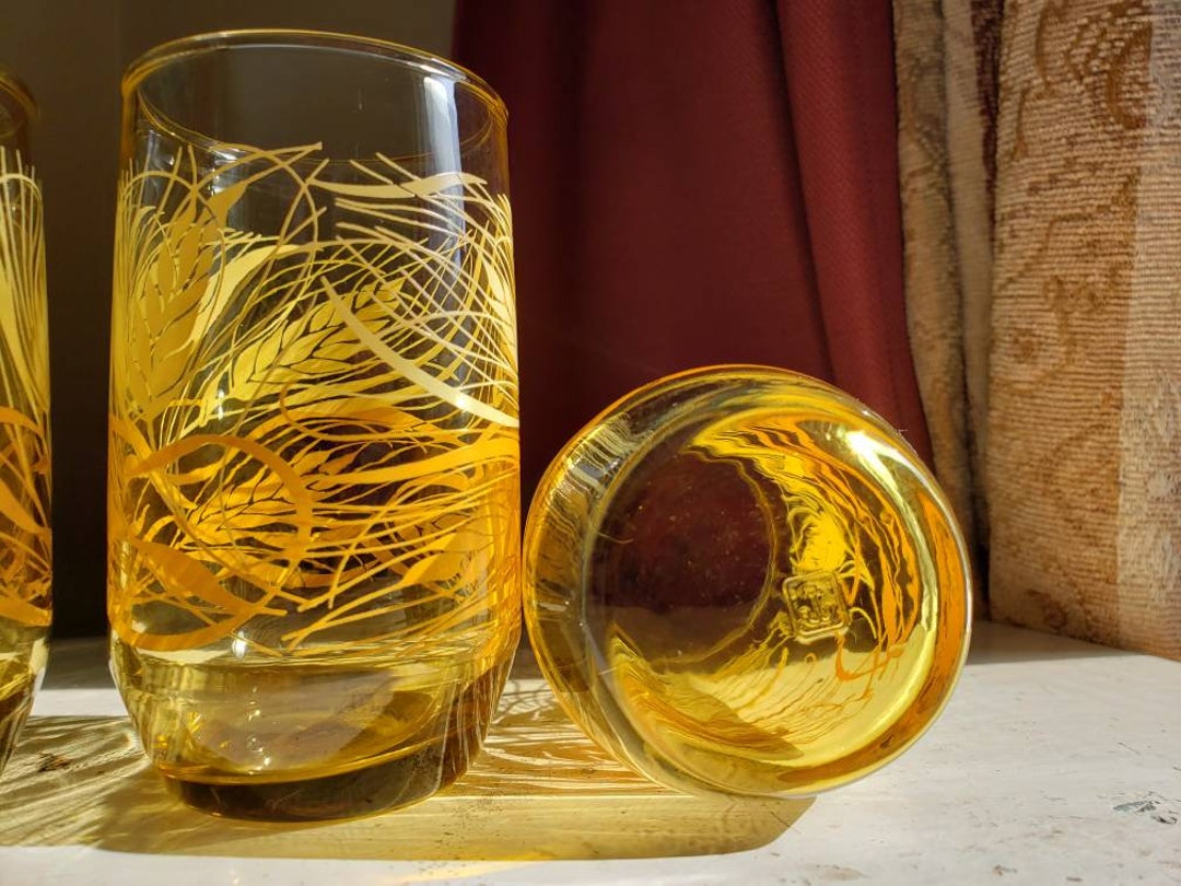 Vintage Set of 7 Anchor Hocking Amber Wheat Pattern Juice Drinking