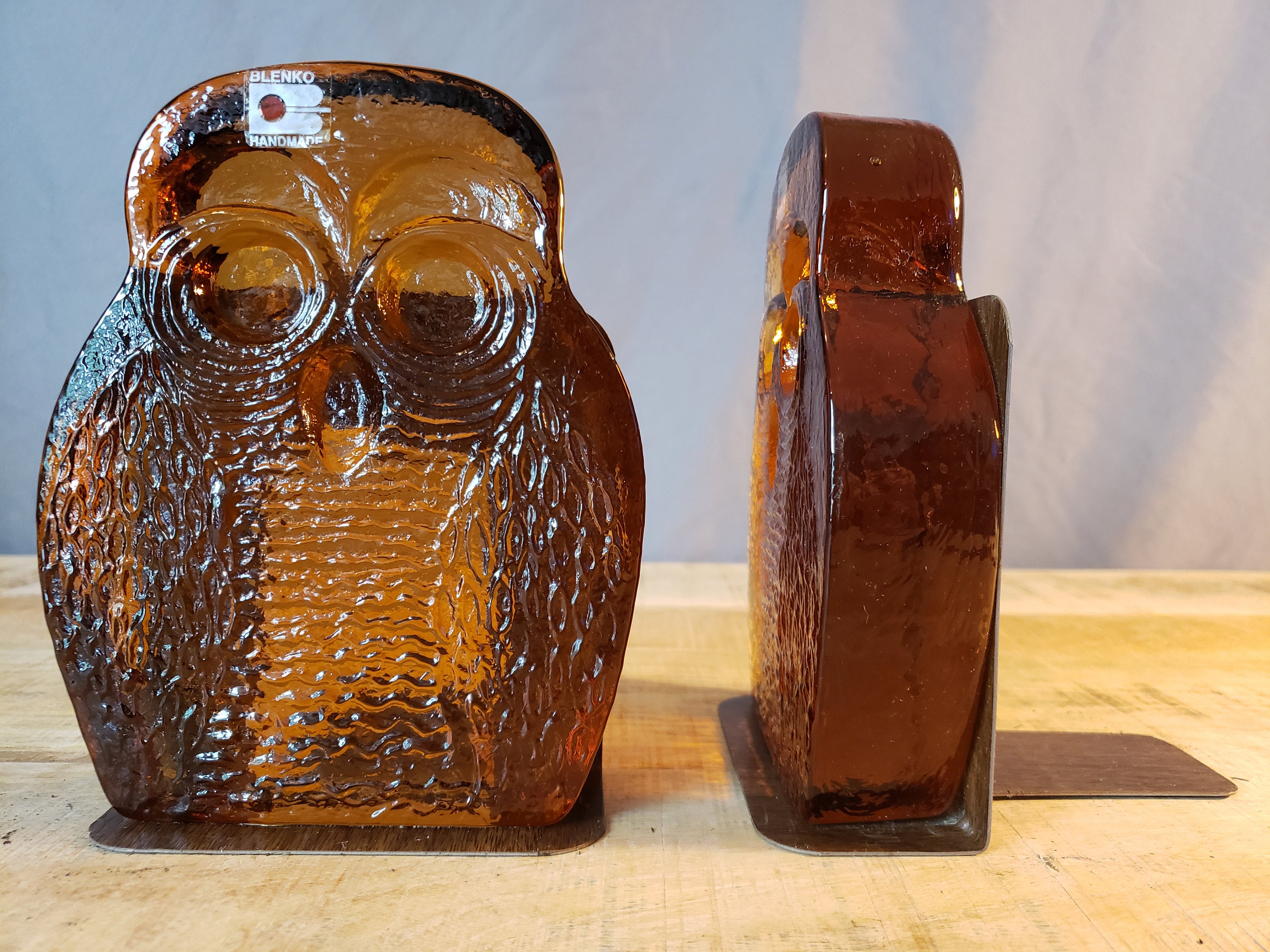 Bookends Blenko Owls 1960 Midcentury Modern Handblown Brown