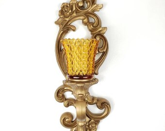 Homco plastic candel holder flower and scroll in gold 1971 amber votive