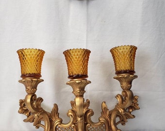 Homco triple candlestick sconce 4002T amber diamond glass globes resin 1966 mid century decor