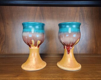 Pottery goblet set of 2 artist made wine or water goblet