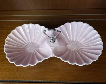Pink shell shaped tray with two bowls and handle conquille pink relish tray #52