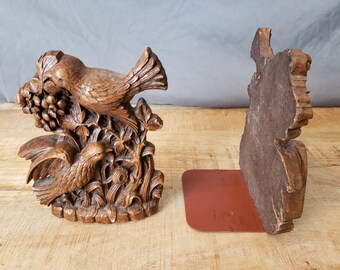 Orna wood carved Bird book ends vintage decor