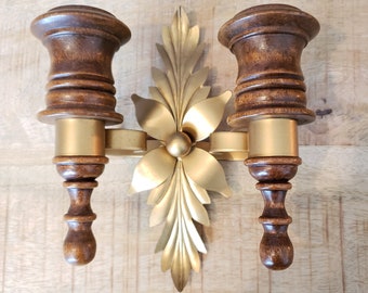 Candlestick holder Homco wall sconce in brass and wood Hollywood Regency