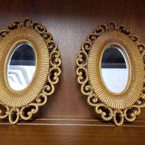 May include: Two ornate oval mirrors with gold-toned frames. The frames have a decorative, scroll-like design.