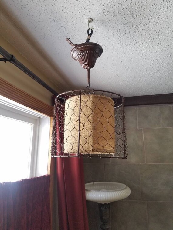 Wired Cage Burlap Ceiling Lamp With Chicken Coop Wires And Tan Etsy