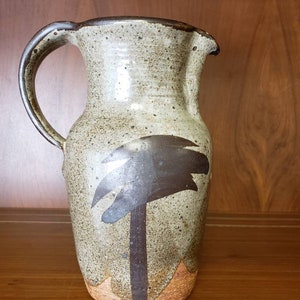 Vase or Pottery Pitcher oriental theme tan speckled and brown artist signed