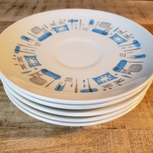 Royal China Blue Heaven coffee saucer set of 5 Royal China Inc Sebring, Oh atomic turquoise blue and grey