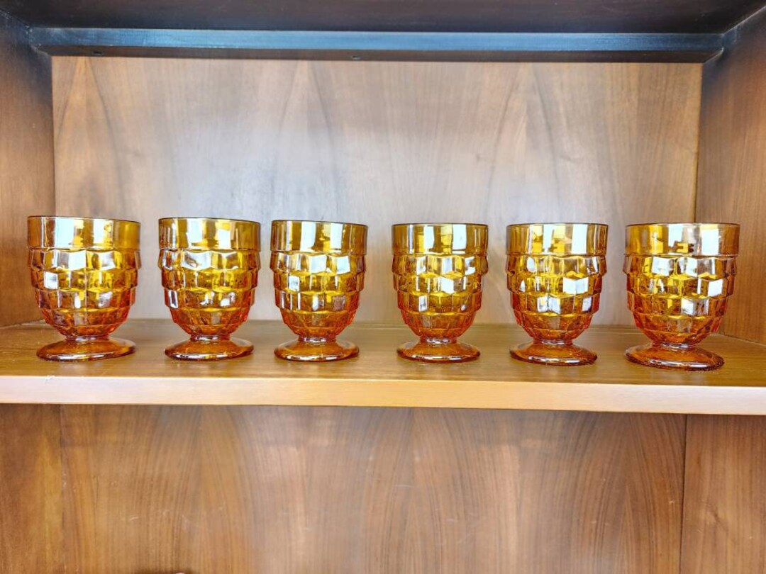 Amber Glass Footed Tumblers Indiana Glass Colony Cubist Set of Etsy