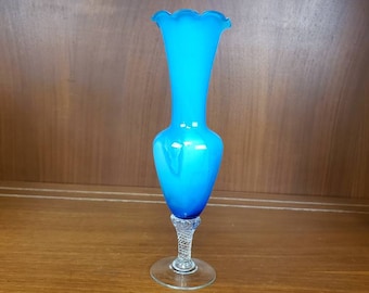 Blue ruffled bud vase clear base vintage glass vase