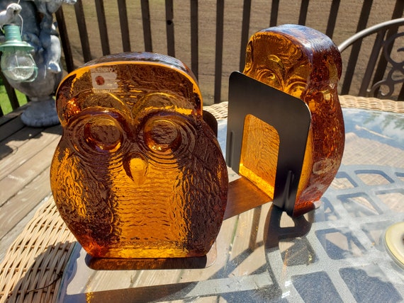 Blenko Glass Owl Bookend 梟 ガラス ブックエンド Vintage Pair of BLENKO Clear Glass OWL Bookends Midcentury