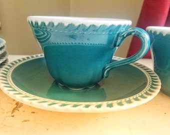 Harkerware Coffee cup saucer set of 5 Harker Corinthian teal with white gadroon trim 5 cups and saucers with cup mid century modern dishes