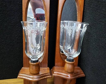 Wall mirror candlestick holder set of 2 wood clear glass votive vertical mirror