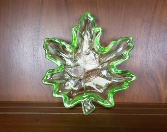 Green glass maple leaf dish candy dish or tray