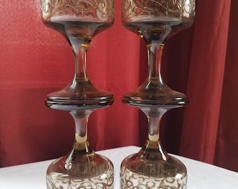 Set of 4 Libbey Prado Wine Glasses or Goblets small pedestal footed cocktail glass Smoke Brown Glassware Prado embossed brown scroll