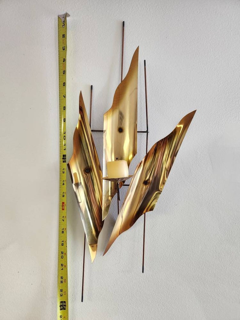 Gold metal mid-century wall candle sconce sculptural wall hanging image 8