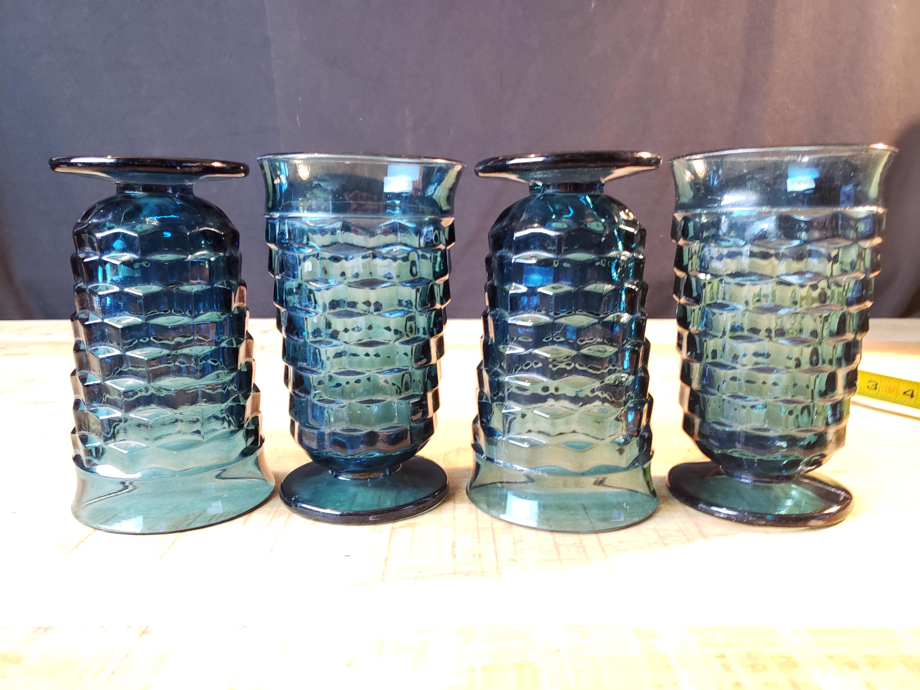 Blue Footed Tumblers Indiana Glass Colony Cubist Set of 4  Vintage Set 3 Indiana Glass Company Riviera Blue 3.5\