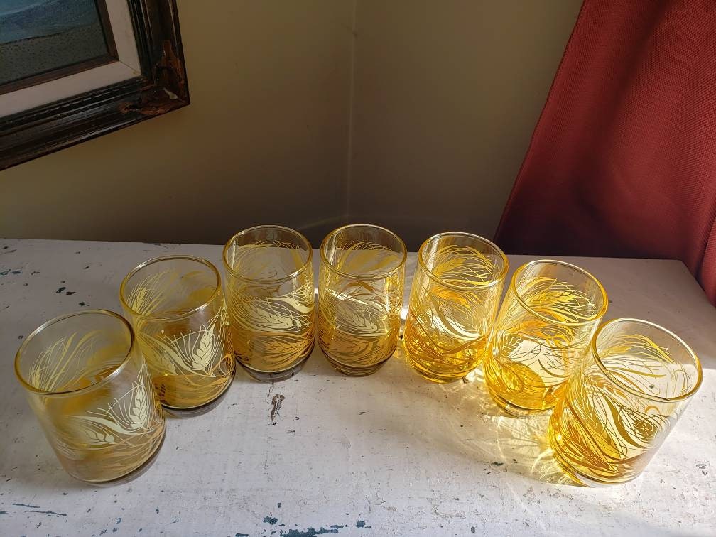 Vintage Set of 7 Anchor Hocking Amber Wheat Pattern Juice