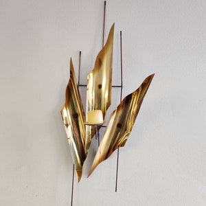 Gold metal mid-century wall candle sconce sculptural wall hanging image 1