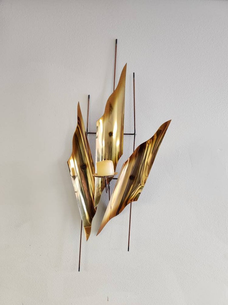 Gold metal mid-century wall candle sconce sculptural wall hanging image 1