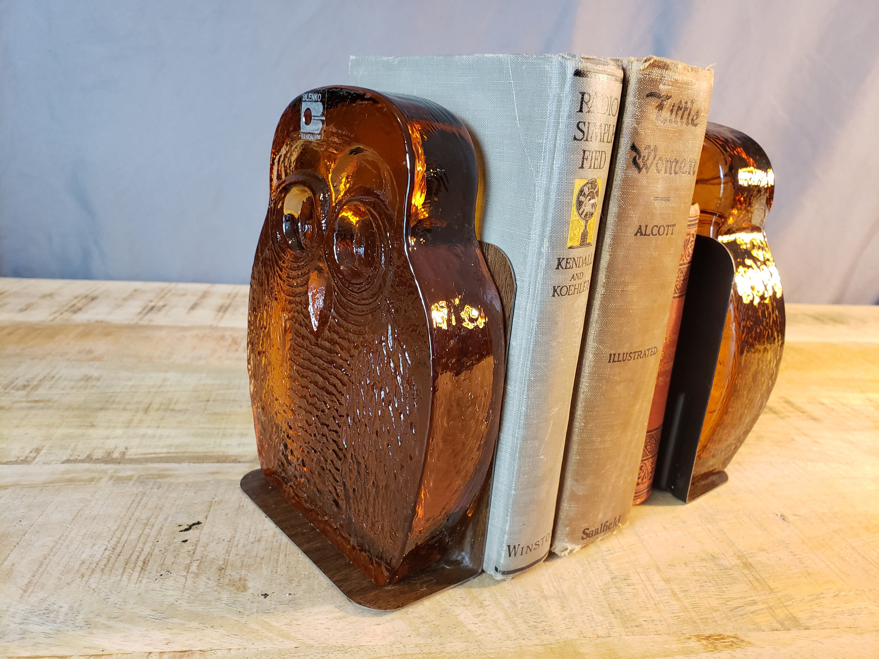 Bookends Blenko Owls 1960 Midcentury Modern Handblown Brown Glass