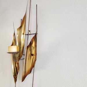 Gold metal mid-century wall candle sconce sculptural wall hanging image 4